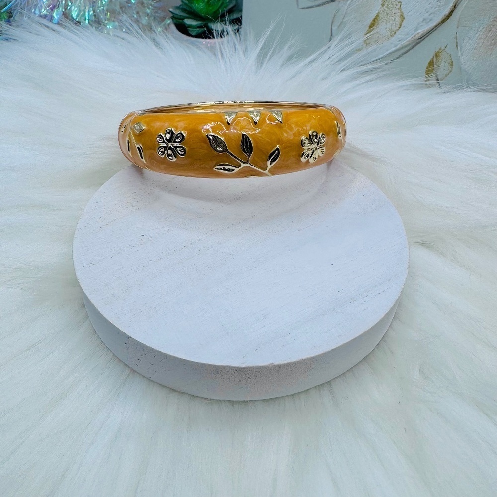 The Orange and Gold Thick Enamel Floral Design Bangle Bracelet